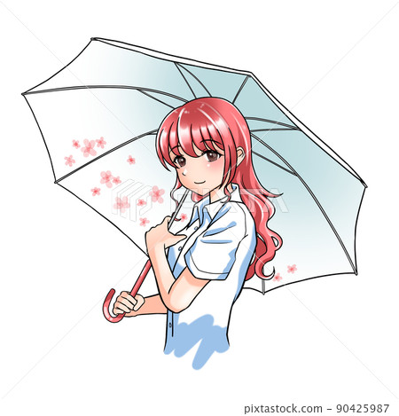 A girl with curly hair in charge of red holding a floral umbrella A girl with curly hair in charge of red holding a floral umbrella 90425987