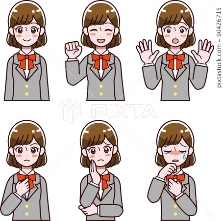 一個穿著西裝外套的女孩的面部表情插圖集 一個穿著西裝外套的女孩的面部表情插圖集 90426715