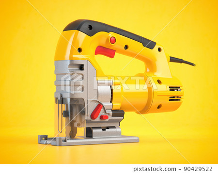 Yellow electric jigsaw on yellow background. Electric tool for carpenter. Yellow electric jigsaw on yellow background. Electric tool for carpenter. 90429522