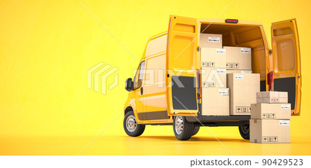 Fast espress delivery concept. Rear view of yellow delivery van with cardboard boxes on yellow background. 90429523