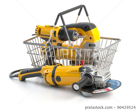 Shopping basket with elecric tools and construction equipment angle grinder, electric drill and jigsaw isolated on white. Selling and buying online. 90429524