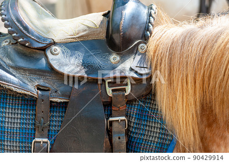 Saddle with stirrups on a back of a horse Saddle with stirrups on a back of a horse 90429914