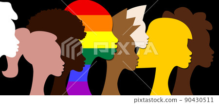Inclusion and diversity. Silhouettes of people and LGBTQ+ set, people portrait vector logo for website, banner gay pride concept, colorful rainbow sign vector isolated on black background  90430511