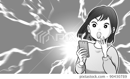 一個女人驚訝地看到智能手機的卡通風格插圖 一個女人驚訝地看到智能手機的卡通風格插圖 90430789