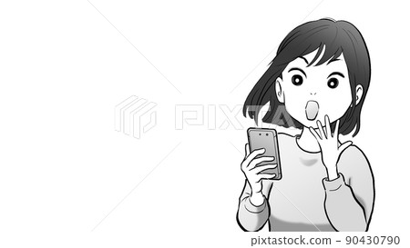 一個女人驚訝地看到智能手機的卡通風格插圖 90430790