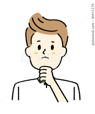 A man in a white polo shirt who is worried (thinking) with his hand on his chin 90431170