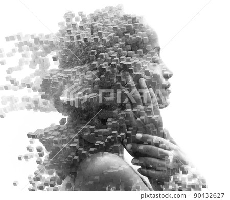 A portrait of an attractive woman combined with digitally generated image A portrait of an attractive woman combined with digitally generated image 90432627
