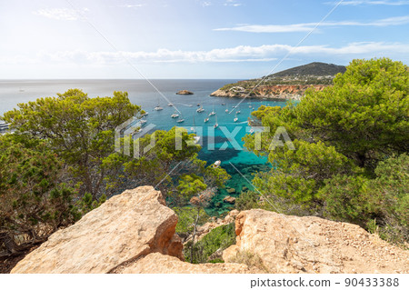 Limestones cliffs, pine and deciduous trees and clear shallow water of bay Cola d'Hort 90433388