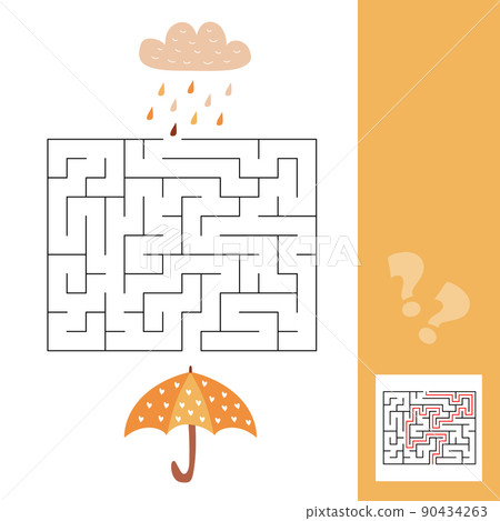 Umbrella and rain - easy maze for younger kids with a solution. Maze game 90434263