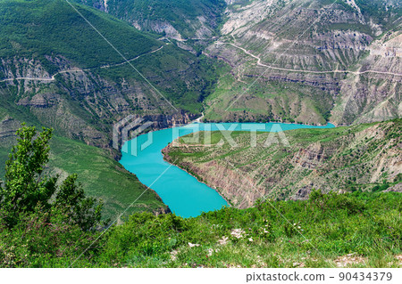 mountain landscape, view of the deep canyon with blue water, valley of the Sulak river in Dagestan mountain landscape, view of the deep canyon with blue water, valley of the Sulak river in Dagestan 90434379