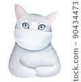 Watercolour drawing of little kitty wearing clean medical mask. Symbol of health care, doctor profession, environment pollution, alergy, sickness, corona virus infection, chemical laboratory worker. 90434473