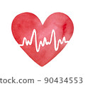 Bright red watercolor heart shape with white cardiogram line. Symbol of medicine, health, cardiology. Hand painted water color artistic drawing, cutout clipart element for creative design decoration. 90434553
