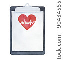 Water color illustration of medical clipboard with red heart image and heartbeat. Hand painted watercolour sketchy drawing on white, cutout clip art element for design, banner, print, card, poster. 90434555