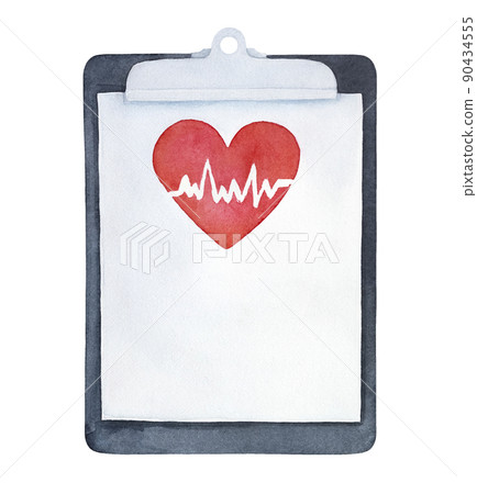 Water color illustration of medical clipboard with red heart image and heartbeat. Hand painted watercolour sketchy drawing on white, cutout clip art element for design, banner, print, card, poster. Water color illustration of medical clipboard with red heart image and heartbeat. Hand painted watercolour sketchy drawing on white, cutout clip art element for design, banner, print, card, poster. 90434555