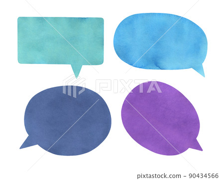 Illustration collection of four watercolour speech balloons of various color and shapes. Hand painted water color graphic drawing on white background, isolated clip art elements for design decoration. 90434566