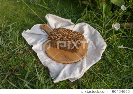 Composition of homemade custard bread on wood board with white cloth napkin on the green grass. High quality photo 90434663