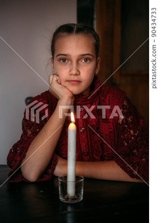 Portrait of Girl in red vintage dress. Edwardian Victorian Epoque 90434733