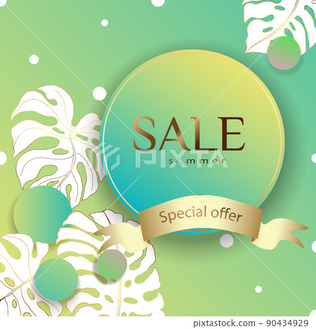 Summer sale banner background template with colorful green background and monstera. Can be used, postcard and voucher, wallpaper, flyers, invitation, posters, social media map, brochure. Summer sale banner background template with colorful green background and monstera. Can be used, postcard and voucher, wallpaper, flyers, invitation, posters, social media map, brochure. 90434929