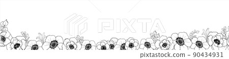 Floral border. Cute horizontal seamless pattern with anemone flowers and leaves. Line art. Vector illustration isolated on white background Floral border. Cute horizontal seamless pattern with anemone flowers and leaves. Line art. Vector illustration isolated on white background 90434931