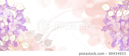 Luxurious golden wallpaper. Banner with flowers. Watercolor pink, blue, lilac spots on a white background. Shiny flowers and twigs. Vector file. Luxurious golden wallpaper. Banner with flowers. Watercolor pink, blue, lilac spots on a white background. Shiny flowers and twigs. Vector file. 90434933
