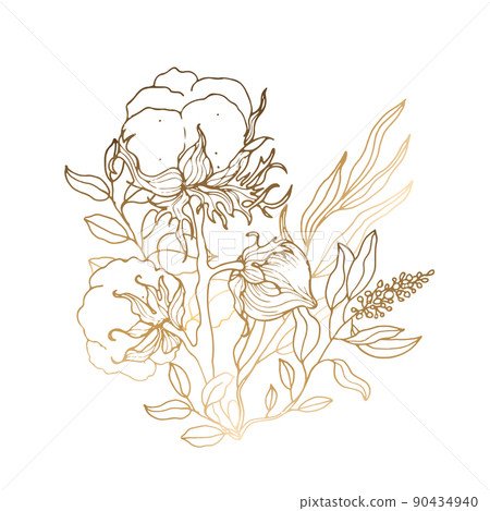 Cotton flower. Bouquet of elements from cotton branches and leaves for design. Golden line art drawing. Vector illustration. 90434940