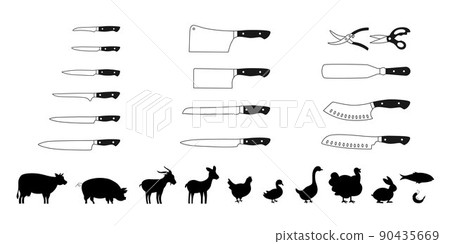 Meat symbols and chef knifes outline set. Vector stock illustration isolated on white background for design packaging label, logo, menu in restaurant or butchery. EPS10 Meat symbols and chef knifes outline set. Vector stock illustration isolated on white background for design packaging label, logo, menu in restaurant or butchery. EPS10 90435669
