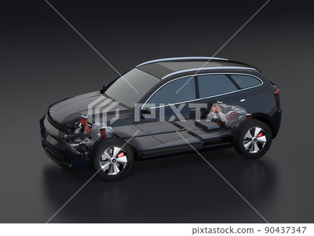 A composite diagram of a black electric SUV and a battery pack on a black background. An image of the chassis structure of an electric vehicle. 90437347