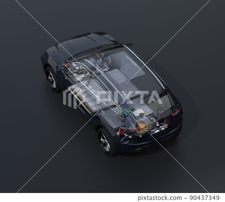 A composite diagram of a black electric SUV and a battery pack on a black background. An image of the chassis structure of an electric vehicle. 90437349