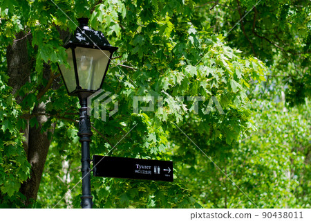 Sign lamppost design wc lantern lamp vintage urban street background, for city antique for streetlight and pink signboard, travel lilac. Sky indicator word, 90438011