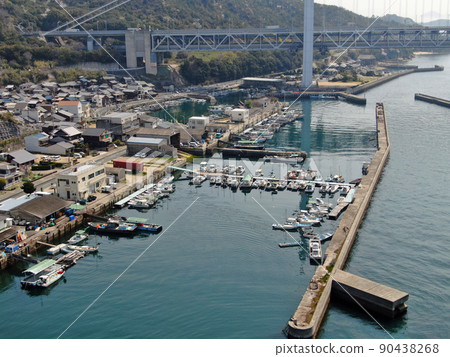 Aerial view of Shimotsui Tanoura Fishing Port under the Seto Bridge Aerial view of Shimotsui Tanoura Fishing Port under the Seto Bridge 90438268