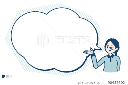 Illustration of a woman wearing glasses explaining with a balloon Illustration of a woman wearing glasses explaining with a balloon 90438502