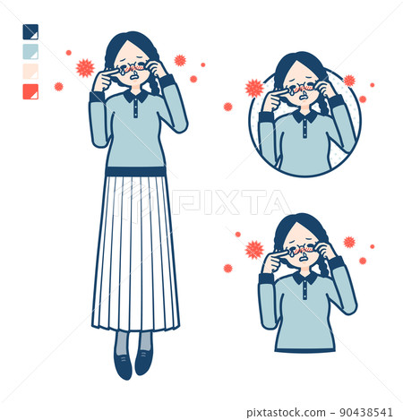 Illustration of a woman wearing glasses suffering from pollen allergies Illustration of a woman wearing glasses suffering from pollen allergies 90438541
