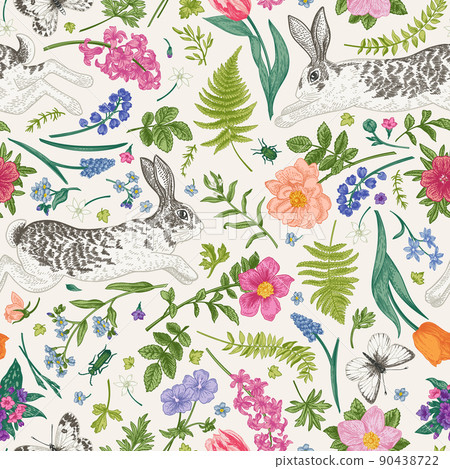 Seamless floral pattern with rabbits Seamless floral pattern with rabbits 90438722