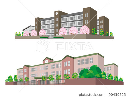 學校建築的透視圖。建築物的外部。 學校建築的透視圖。建築物的外部。 90439323