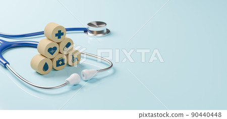 Top view of medical stethoscope and wooden group with icon healthcare on light blue background 90440448