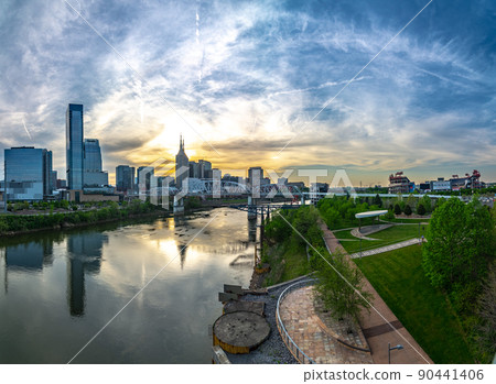 Nashville tennessee city skyline at sunset on the waterfrom Nashville tennessee city skyline at sunset on the waterfrom 90441406