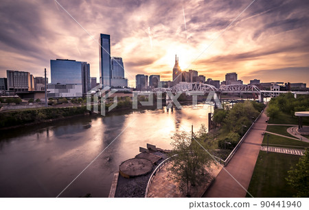 Nashville tennessee city skyline at sunset on the waterfrom 90441940
