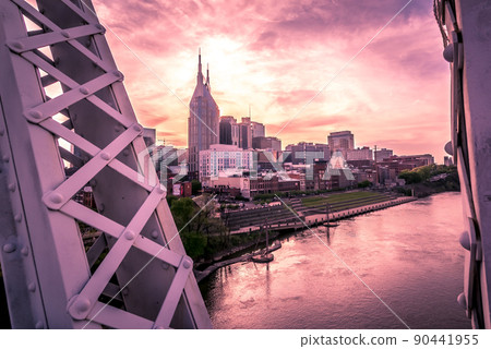 Nashville tennessee city skyline at sunset on the waterfrom Nashville tennessee city skyline at sunset on the waterfrom 90441955