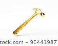 3D illustration of a   golden hammer hand tool isolated on a monocrome background. 3D render and illustration of repair and installation tool 90441987