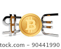 3d illustration of  gold euro, bitcoin  and silver dollar money icons on  white isolated background. Currency exchange symbol, rising prices. Convert dollar to euro and back. 90441990