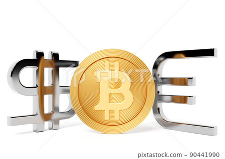 3d illustration of gold euro, bitcoin and silver dollar money icons on white isolated background. Currency exchange symbol, rising prices. Convert dollar to euro and back. 3d illustration of gold euro, bitcoin and silver dollar money icons on white isolated background. Currency exchange symbol, rising prices. Convert dollar to euro and back. 90441990