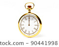 3d illustration of antique golden round clock on white isolated background. Stopwatch icon, logo. Chronometer, vintage timer 90441998
