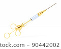 3D rendering. Close-up of a metal  golden syringe with a vaccine against serious diseases on a white isolated background.  Coronovirus vaccination and pandemic control 90442002