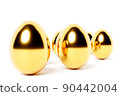 3d illustration of golden chicken eggs lined up in even rows. Easter eggs 90442004