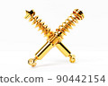 Two golden  shock absorber car on white background. 3d illustration. Suspension Parts  90442154