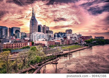 Nashville tennessee city skyline at sunset on the waterfront 90442386