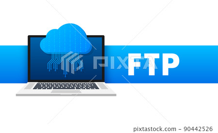 FTP file transfer icon on laptop. FTP technology icon. Transfer data to server. Vector illustration FTP file transfer icon on laptop. FTP technology icon. Transfer data to server. Vector illustration 90442526