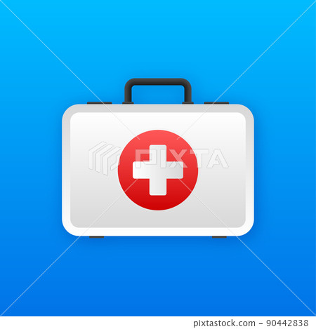 Cartoon icon with red first aid on white background for medical design. Flat vector illustration 90442838