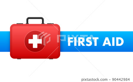 Cartoon icon with red first aid on white background for medical design. Flat vector illustration Cartoon icon with red first aid on white background for medical design. Flat vector illustration 90442984