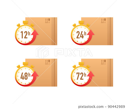 12, 24, 48, 72 hours clock arrow. Fast delivery concept. Work time effect or delivery service time. 12, 24, 48, 72 hours clock arrow. Fast delivery concept. Work time effect or delivery service time. 90442989